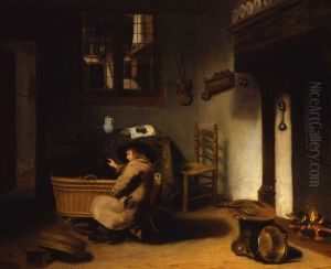 Interieur met een jongen naast een wieg by Cornelis Bisschop