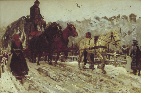 Werkpaarden in de sneeuw op de Prinsengracht in Amsterdam - view 1