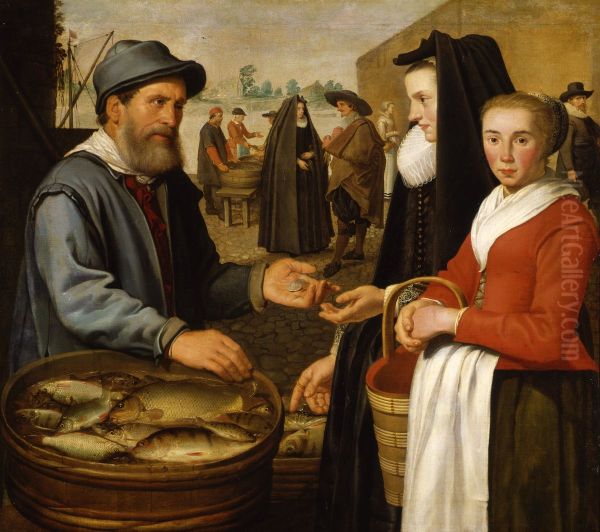 Woman with servant buying fish from a market trader - view 1