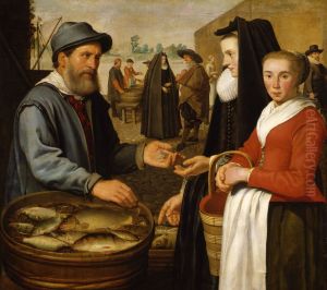 Woman with servant buying fish from a market trader by Jacob Gerritsz. Cuyp