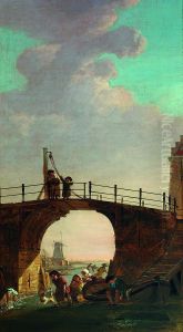 Winterlandschap met kinderen op het ijs onder een brug