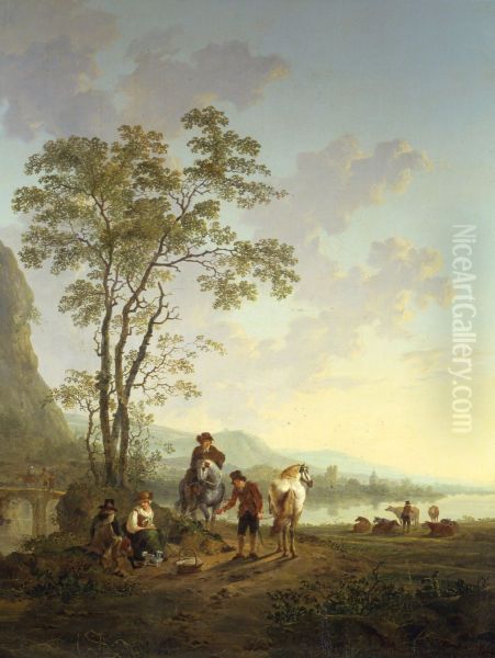 Italianiserend landschap met reizigers aan de kant van de weg en in de verte de ruine van het Huis te Merwede - view 1
