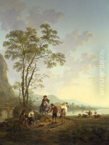 Italianiserend landschap met reizigers aan de kant van de weg en in de verte de ruine van het Huis te Merwede