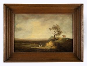 Heuvelachtig landschap met ruiter, op een heuvel koeien bij een boom Heuvelachtig landschap met ruiter, op een heuvel koeien bij een boom
