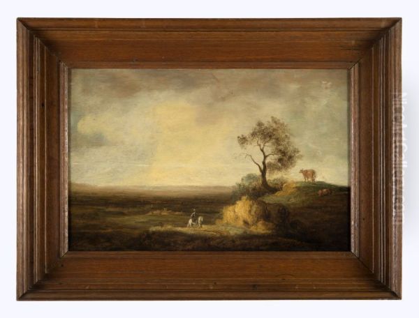 Hilly landscape with rider, on a hill cows at a tree - view 1