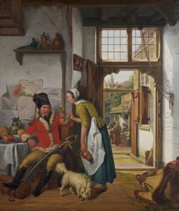 Een soldaat en een dienster in een herberg by Abraham van Strij