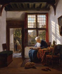 Lezende vrouw aan een venster by Abraham van Strij