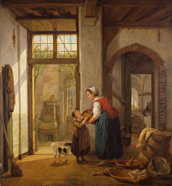 Interieur met een vrouw, die een meisje te drinken geeft - view 1