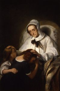Portret van Cornelia Scheffer-Lamme die haar kleinkinderen zegent by Ary Scheffer