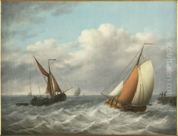 Havenhoofd waarop 2 hoeden-zwaaiende mannen, smak en beurtschip - view 1