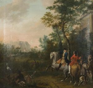Jachtgezelschap te paard, met drijvers by Johannes Buma