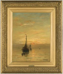 Zeegezicht met visserschepen bij ondergaande zon by Hendrik Willem Mesdag