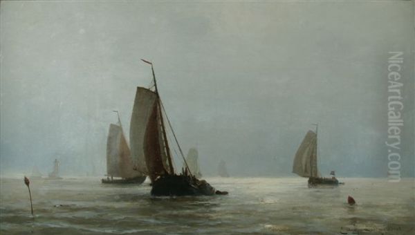 Zeegezicht met zeilende tjalken op rus- tig water onder nevelige hemel,tegenlicht - view 1
