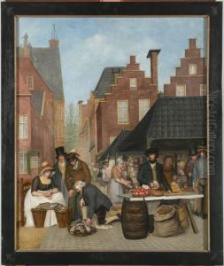 Gezicht op voormalige Vismarkt te Leeuwarden, met doorkijk op Koningsstraat by Willem Bartel Van Der Kooi