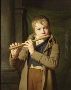 Portret van jongen die dwarsfluit bespeelt