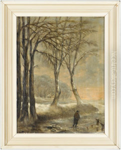 Winters landschap met wandelaar