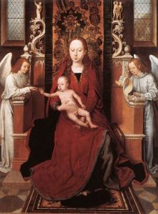Virgin and Child Enthroned with Two Angels by (manner of) Memling, Hans