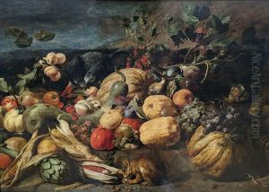 A still life with fruit, vegetables, a parrot, a squirrel and a monkey in a landscape by Frans Snyders