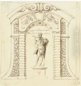 A Statue Of Hercules In A Rusticated Archway by Sigismondo Caula