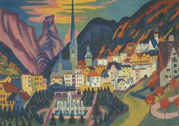 Davos mit Kirche; Davos im Sommer - view 1