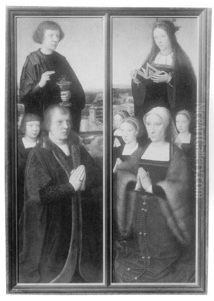 Wings of a polyptych with donors -Man with son and Saint, Woman with daughters and Saint - view 1