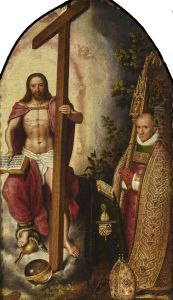 Portrait of the abbot Robert Holman, of abbey Onze-Lieve-Vrouw ter Duinen, kneeling before Christ by Pieter Claeissens the Elder