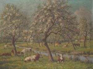Vaches Au Bord Du Cours D""eau by Albert Caullet