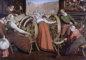 Spinning, shearing the warp and weaving the wool by Isaac van Swanenburg