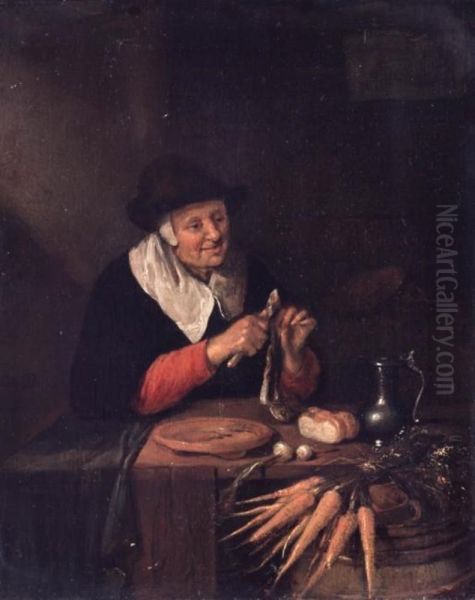 Old woman cleaning a herring - view 1