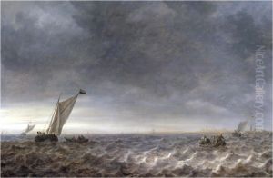 Zeil- en roeiboten in een riviermonding by Jan van Goyen