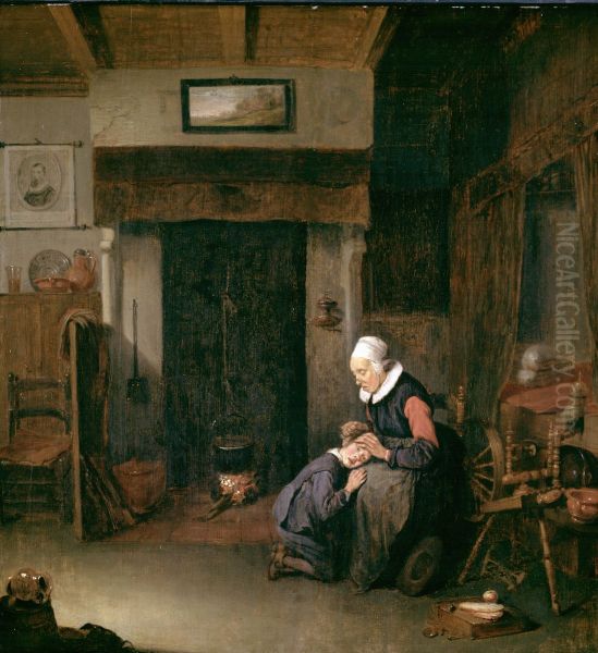 An Old Woman Delousing a Boy - view 1