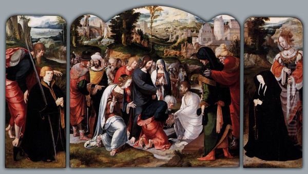 Saint James the Great with donor (recto left), the raising of Lazarus (middle), Saint Catherine with donatrix (recto right) - view 1