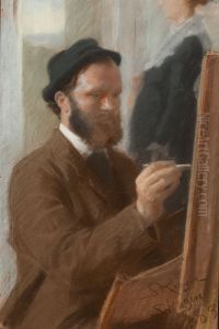 Michael Ancher maler portraettet af Anna, staende i doren by Peder Severin Kroyer