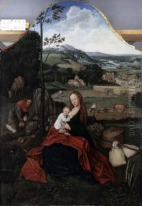 Central panel of a triptych: Rest on the Flight into Egypt by Joachim Patinir