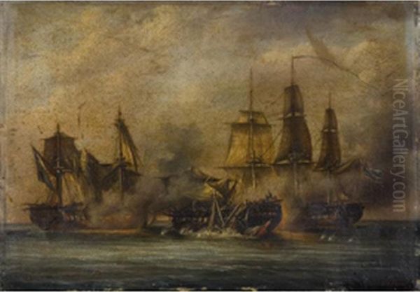 Combat Naval Huile Sur Carton Signe En Bas A Droite - Beau Cadre Debois Stuque Dore 29.5 X 42 Cms Titre Au Dos Belle Defense De Lafregate La Pomone Commandee Par Le Marechal Rosamel - view 1