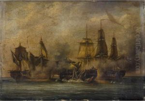 Combat Naval Huile Sur Carton Signe En Bas A Droite - Beau Cadre Debois Stuque Dore 29.5 X 42 Cms Titre Au Dos Belle Defense De Lafregate La Pomone Commandee Par Le Marechal Rosamel