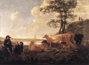 Paysage pres de Rhenen: vaches au paturage et berger jouant de la flute by Aelbert Cuyp
