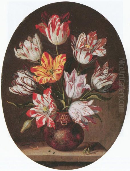 Tulips in a vase with a caterpillar and a grasshopper on a stone ledge - view 1