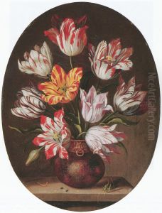 Tulips in a vase with a caterpillar and a grasshopper on a stone ledge by Jacob Marrel