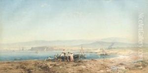 Pecheurs Sur La Plage. by Edouard Louis Cauvin