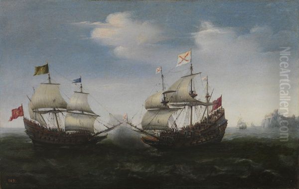 Naval Battle off a Rocky Coast - view 1