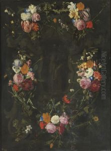 Sculpted cartouche adorned with flowers with a representation of Saint Francis-Xavier