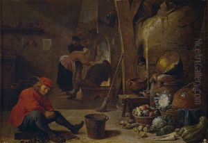 Keukeninterieur met een jonge man die mosselen opent