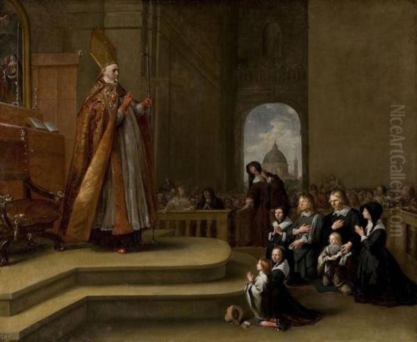 Church interior with Philippus Rovenius (1574-1651) blessing a family, possibly Jacob van Wassenaer (1592-1658) and his family - view 1