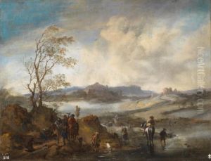 Hilly landscape with hunters on a road along the river by Philips Wouwerman