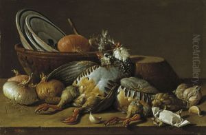 Still Life with Partridges, Onions, Garlic and Vessels by Luis Egidio Melendez