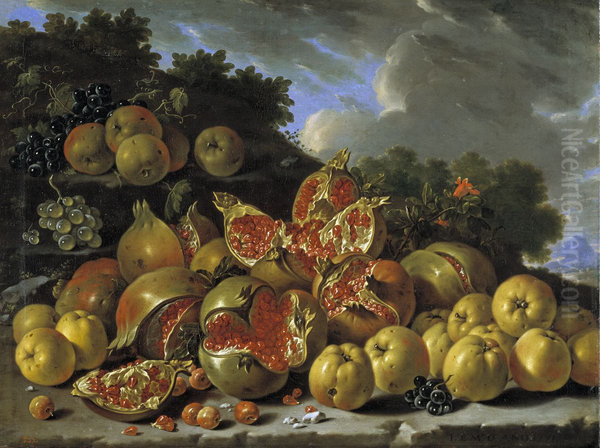 Pomegranates, apples, haws and grapes in a landscape - view 1