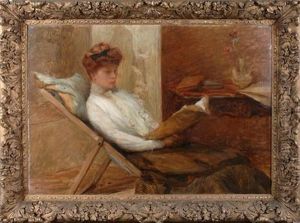 An Elegant Lady Sitting In A Deck Chair Reading by Pierre Paul Cavaille