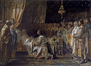 Ultimos momentos del rey don Jaime I el Conquistador en el acto de entregar su espada a su hijo don Pedro