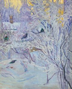 Corner of the House and Bullfinches on the Tree. Winter by Olga Rozanova